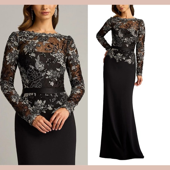 NWT $478 Tadashi Shoji [ 6 ] Beacon Belted Embroidered Illusion Gown BLack J2045